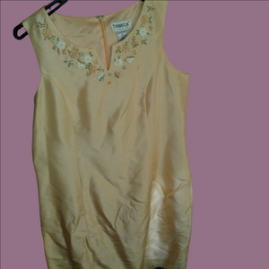 Chadwick's Peach Sleeveless Dress with Floral Neck Embroidery